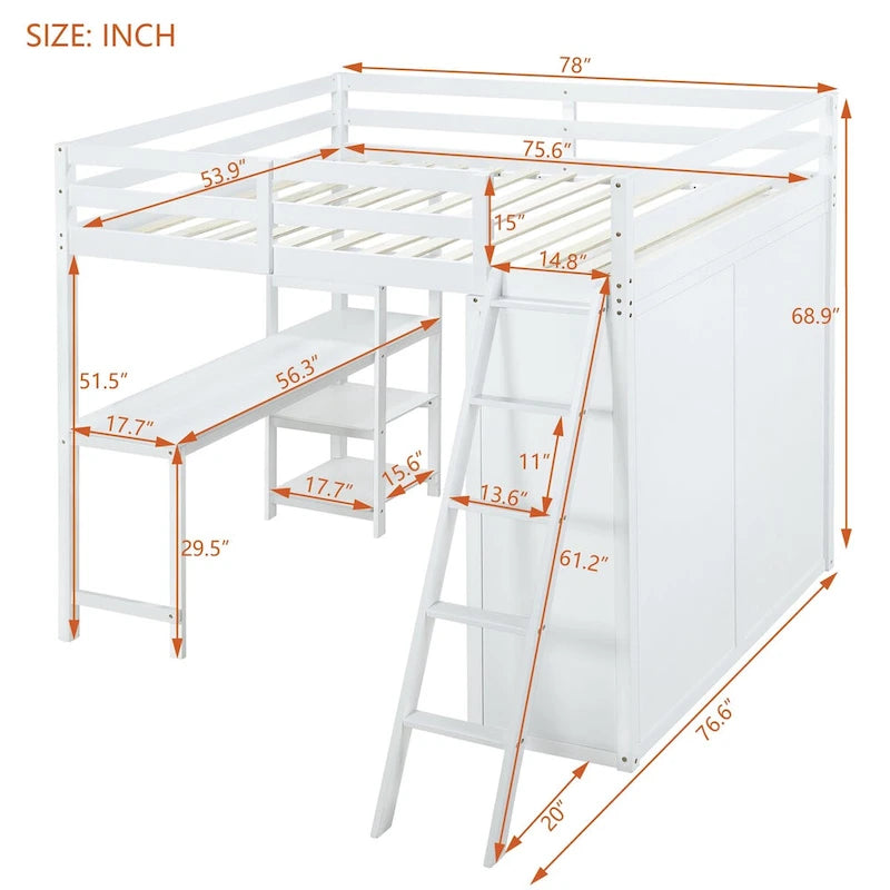 White Full Size Loft Bed with Wardrobe and Desk and Shelves