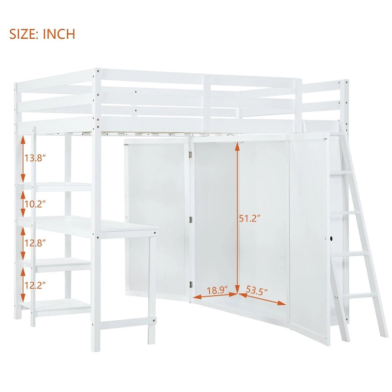 White Full Size Loft Bed with Wardrobe and Desk and Shelves