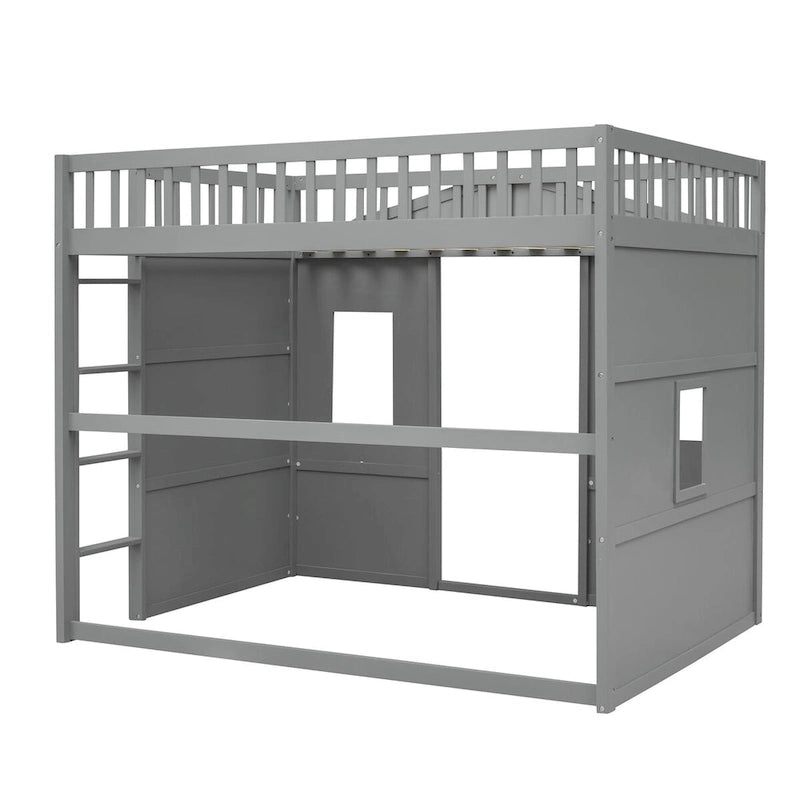 Full Size House Loft Bed, Wood House Bed Frame with Windows, Child Loft Bed with Ladder and Safety Guardrails