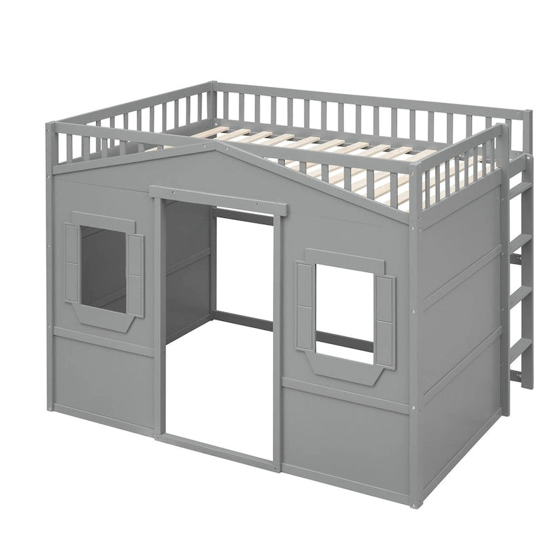 Full Size House Loft Bed, Wood House Bed Frame with Windows, Child Loft Bed with Ladder and Safety Guardrails