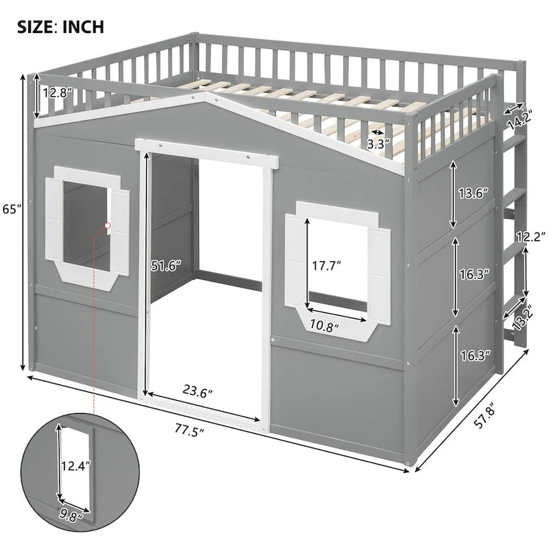 Full Size House Loft Bed, Wood House Bed Frame with Windows, Child Loft Bed with Ladder and Safety Guardrails