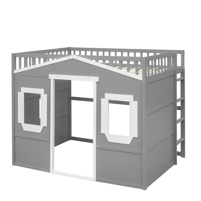 Full Size House Loft Bed, Wood House Bed Frame with Windows, Child Loft Bed with Ladder and Safety Guardrails