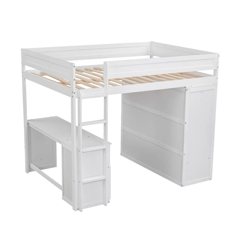 White Pine Wood Loft Bed with Wardrobes, 2-Drawer Desk, and Cabinet, Full-Length Guardrail
