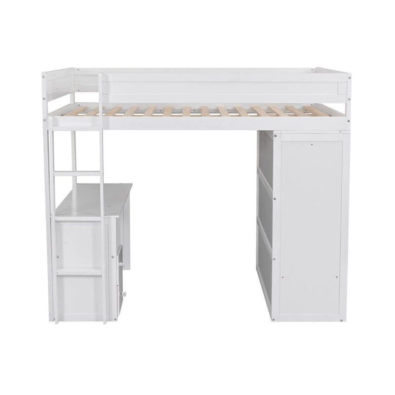 White Pine Wood Loft Bed with Wardrobes, 2-Drawer Desk, and Cabinet, Full-Length Guardrail