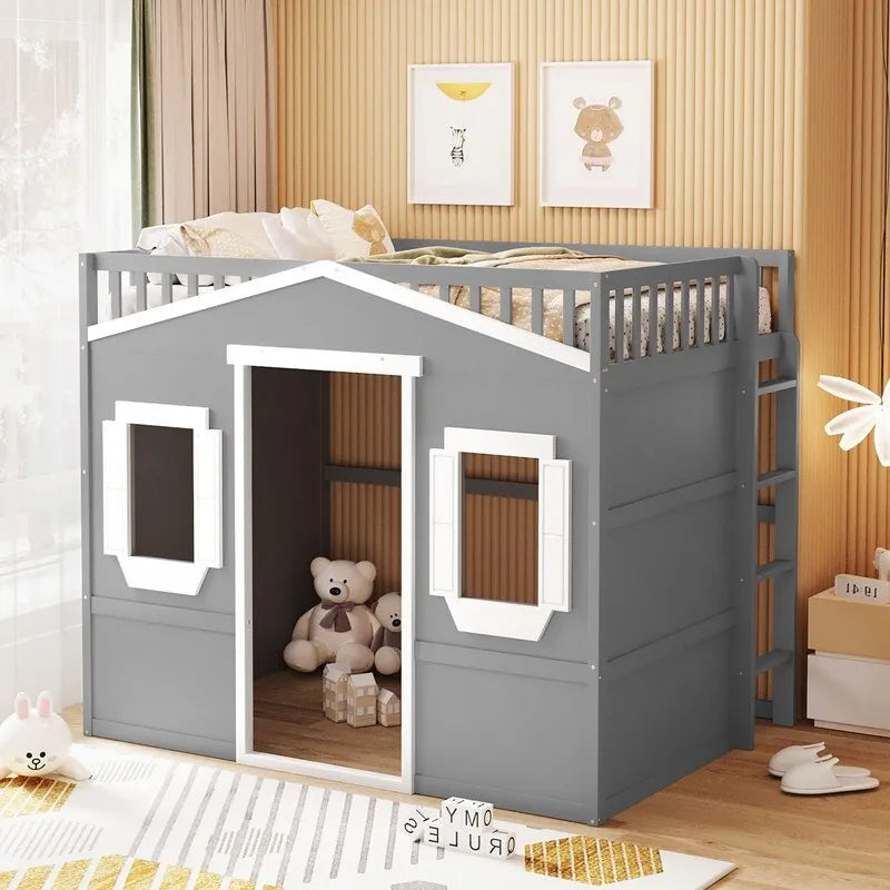 Full Size Wood Loft Bed, House Bed Frame with Ladder and Safety Guardrails for Kids, No Box Spring Needed