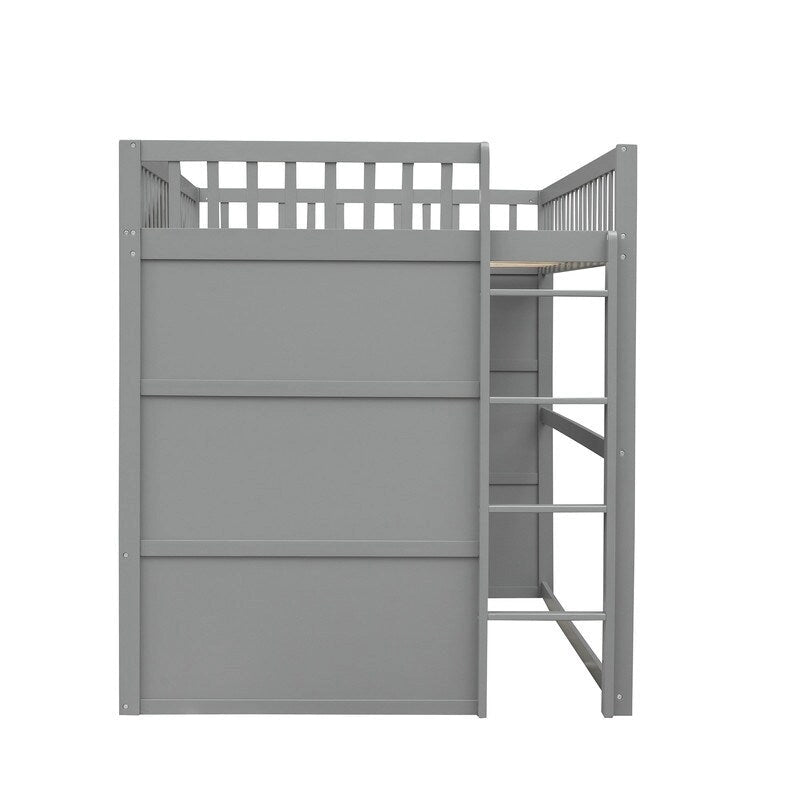 Full Size Wood Loft Bed, House Bed Frame with Ladder and Safety Guardrails for Kids, No Box Spring Needed