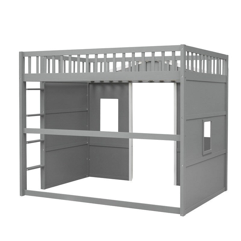 Full Size Wood Loft Bed, House Bed Frame with Ladder and Safety Guardrails for Kids, No Box Spring Needed