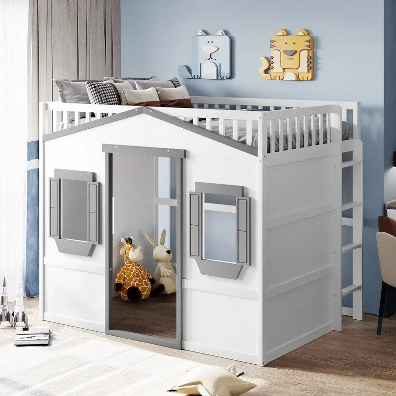 Full Size Wood Loft Bed, House Bed Frame with Ladder and Safety Guardrails for Kids, No Box Spring Needed