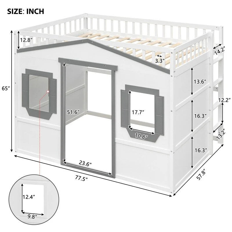 Full Size Wood Loft Bed, House Bed Frame with Ladder and Safety Guardrails for Kids, No Box Spring Needed
