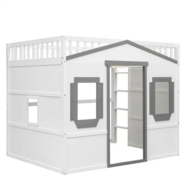 Full Size Wood Loft Bed, House Bed Frame with Ladder and Safety Guardrails for Kids, No Box Spring Needed