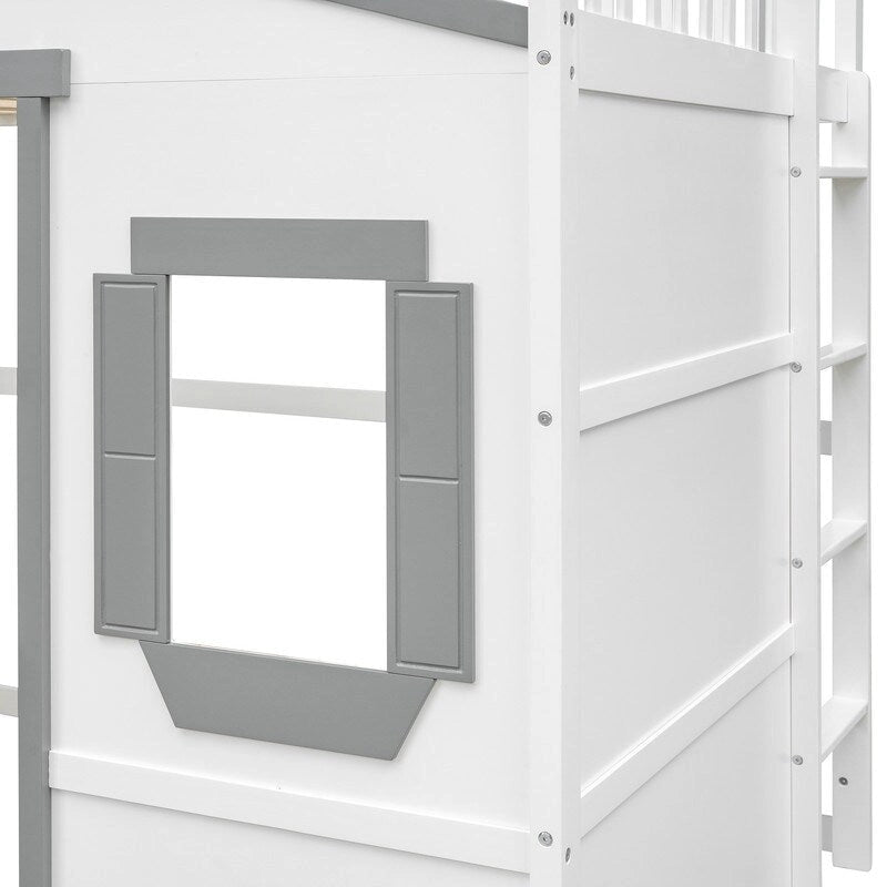 Full Size Wood Loft Bed, House Bed Frame with Ladder and Safety Guardrails for Kids, No Box Spring Needed