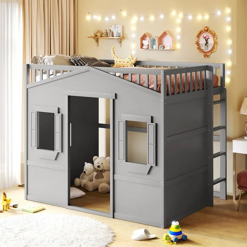 Full Size Wood Loft Bed, House Bed Frame with Ladder and Safety Guardrails for Kids, No Box Spring Needed