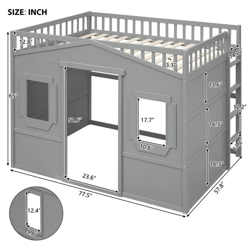 Full Size Wood Loft Bed, House Bed Frame with Ladder and Safety Guardrails for Kids, No Box Spring Needed