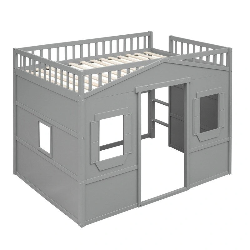 Full Size Wood Loft Bed, House Bed Frame with Ladder and Safety Guardrails for Kids, No Box Spring Needed