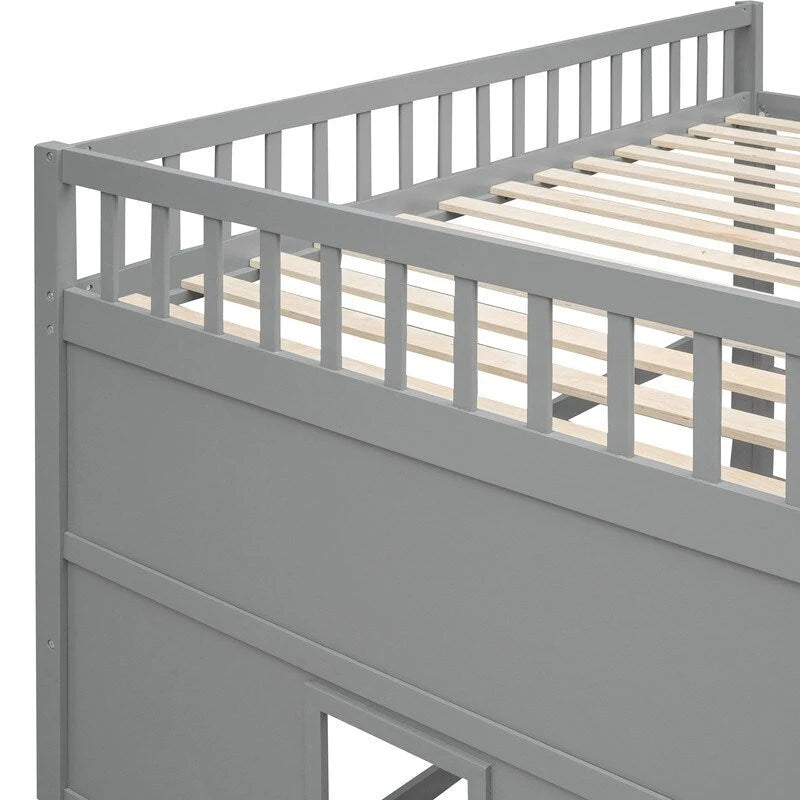 Full Size Wood Loft Bed, House Bed Frame with Ladder and Safety Guardrails for Kids, No Box Spring Needed