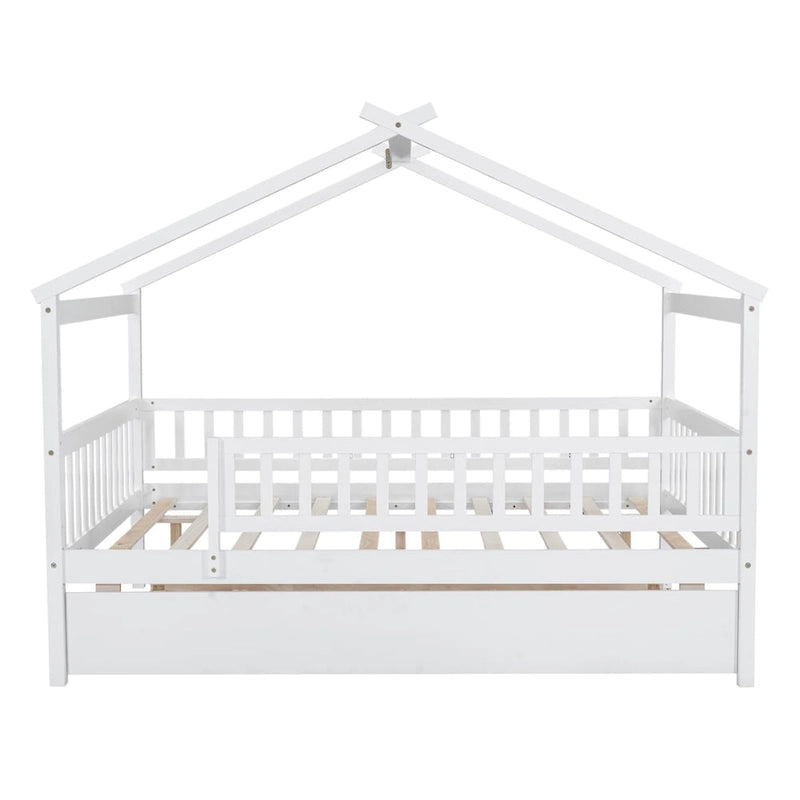 White Pine Wood House Bed with Twin Size Trundle, Full-Length Guardrail