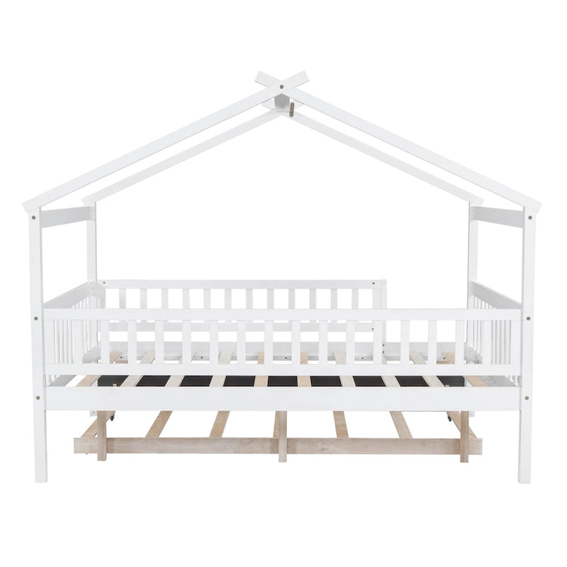 White Pine Wood House Bed with Twin Size Trundle, Full-Length Guardrail
