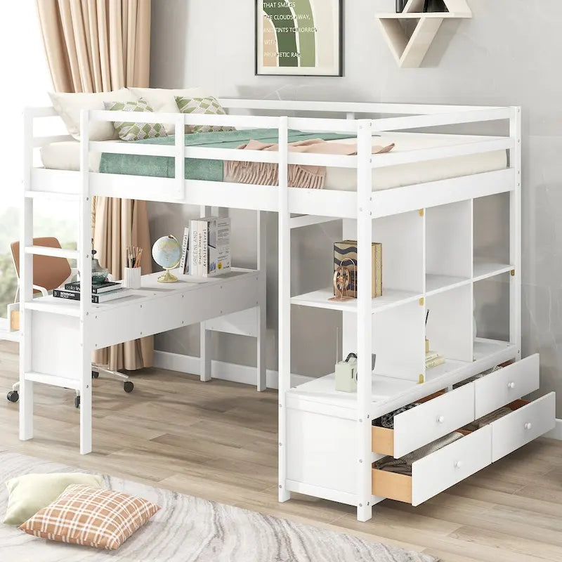 Loft Bed with Built-In Desk, Storage Shelves and Drawers