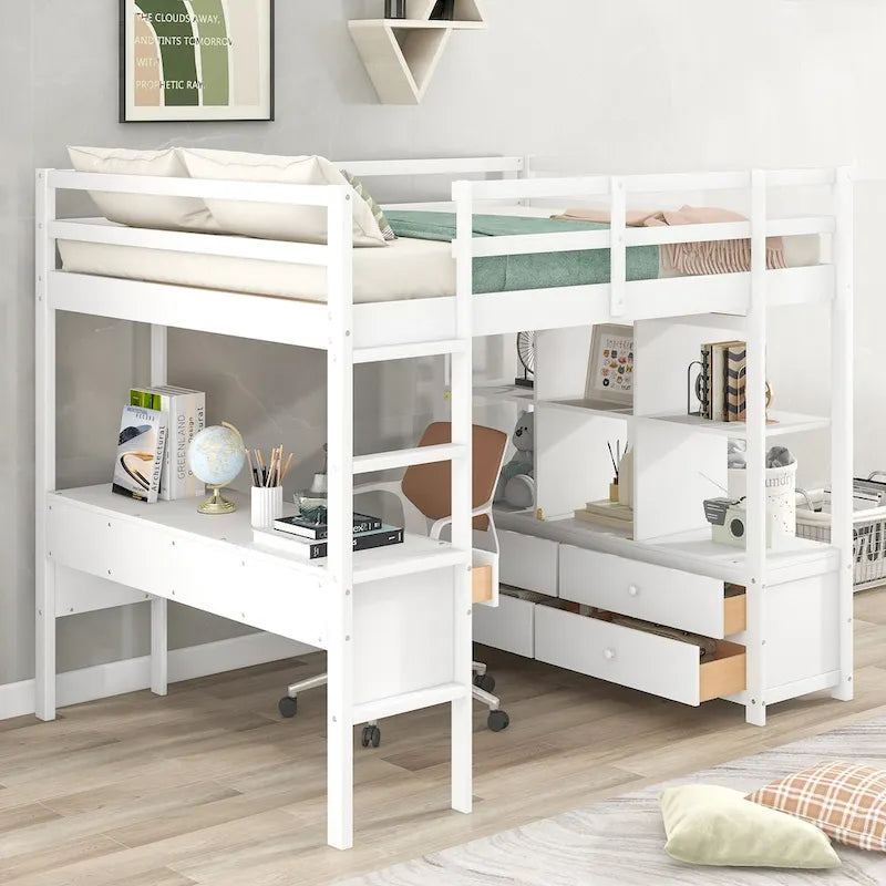 Loft Bed with Built-In Desk, Storage Shelves and Drawers
