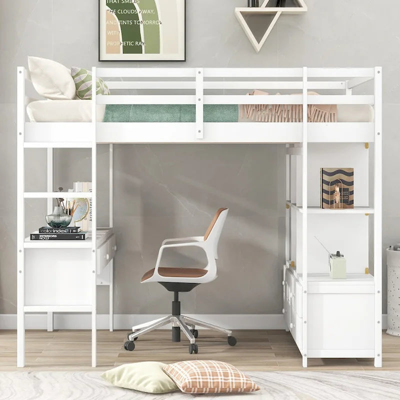Loft Bed with Built-In Desk, Storage Shelves and Drawers