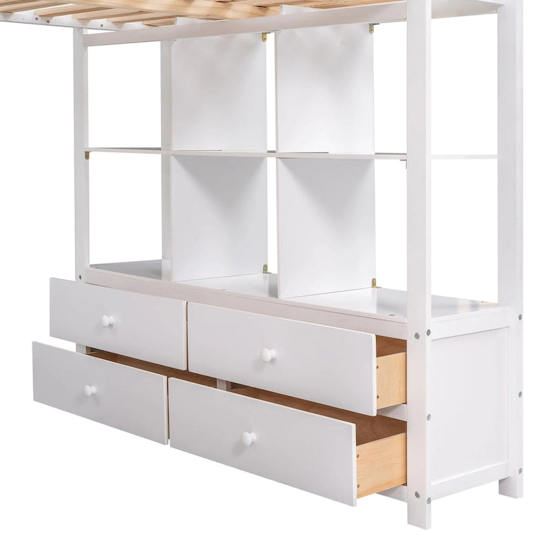 Loft Bed with Built-In Desk, Storage Shelves and Drawers