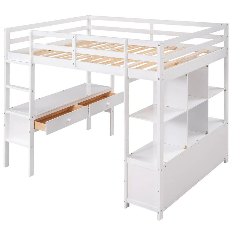 Loft Bed with Built-In Desk, Storage Shelves and Drawers
