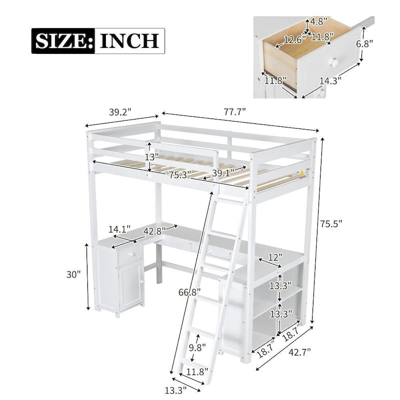 Twin Size Loft Bed with U-shaped Desk, Drawers and Storage Shelves