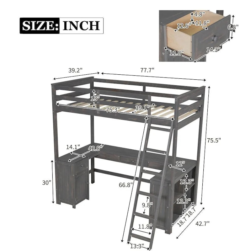 Twin Size Loft Bed with U-shaped Desk, Drawers and Storage Shelves