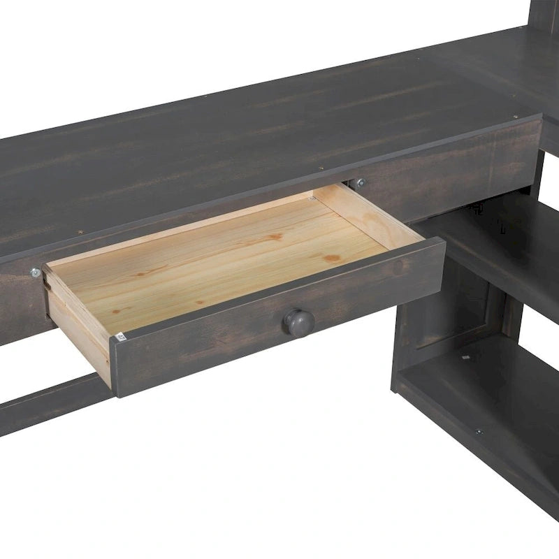 Twin Size Loft Bed with U-shaped Desk, Drawers and Storage Shelves