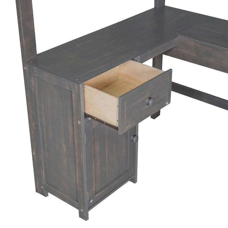 Twin Size Loft Bed with U-shaped Desk, Drawers and Storage Shelves