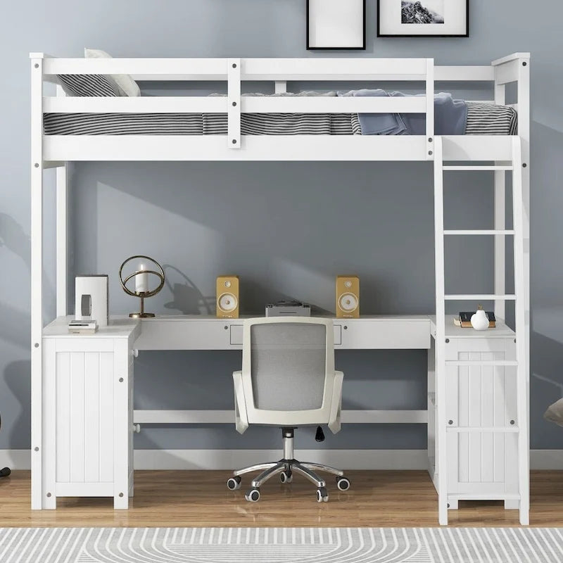 Twin Size Loft Bed with U-shaped Desk, Drawers and Storage Shelves