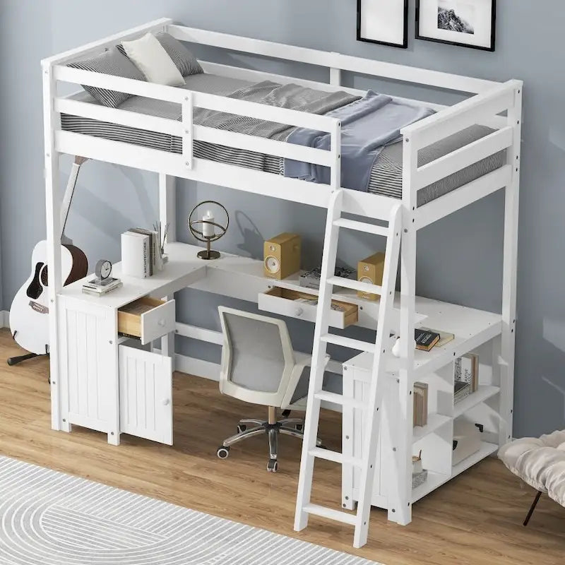 Twin Size Loft Bed with U-shaped Desk, Drawers and Storage Shelves