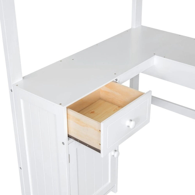 Twin Size Loft Bed with U-shaped Desk, Drawers and Storage Shelves