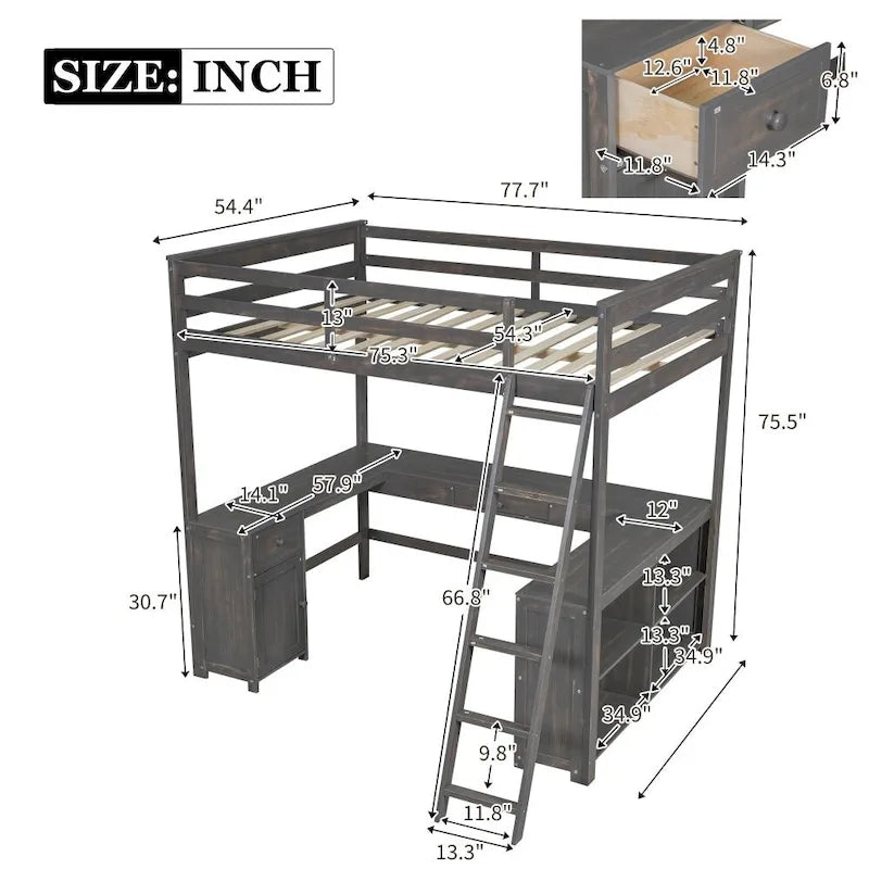 Twin Size Loft Bed with U-shaped Desk, Drawers and Storage Shelves