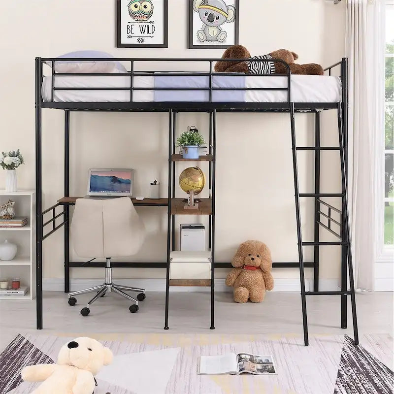 Merax Twin Size Metal Loft Bed with Built-in Desk and Shelves