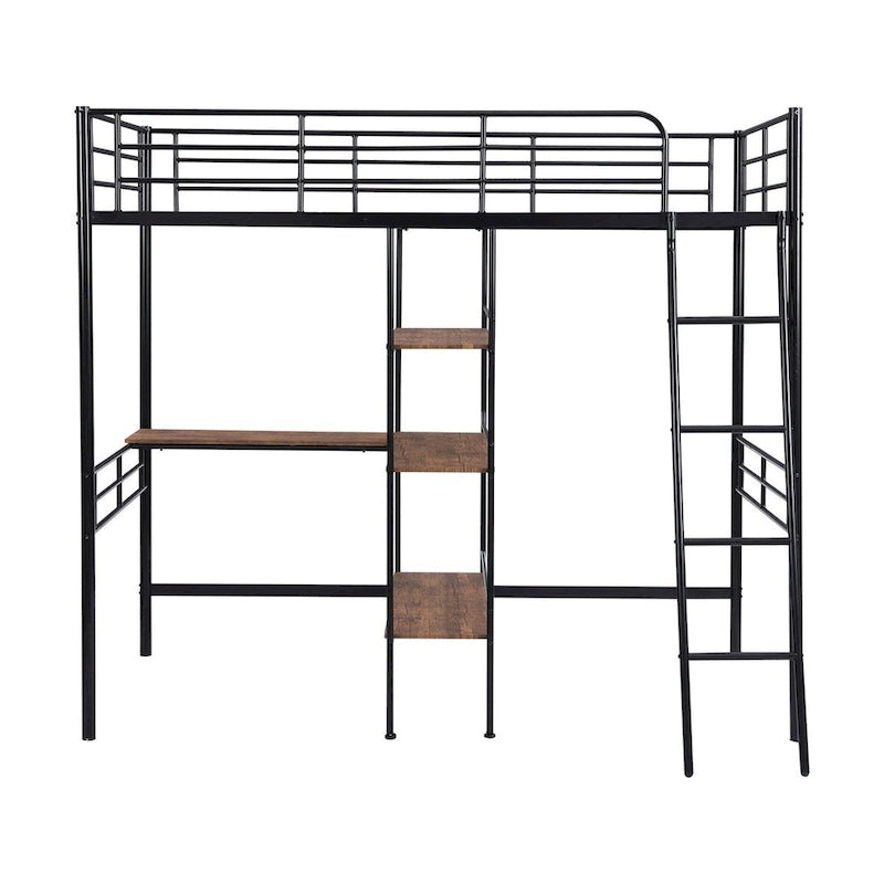 Merax Twin Size Metal Loft Bed with Built-in Desk and Shelves