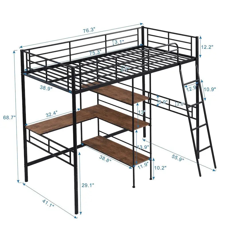 Merax Twin Size Metal Loft Bed with Built-in Desk and Shelves