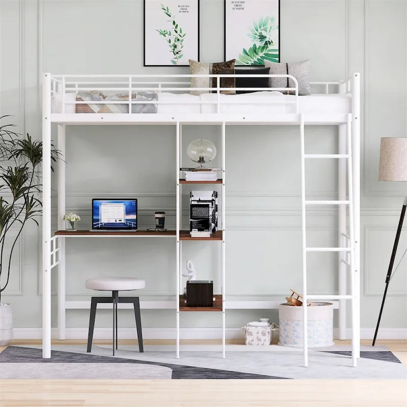 Merax Twin Size Metal Loft Bed with Built-in Desk and Shelves