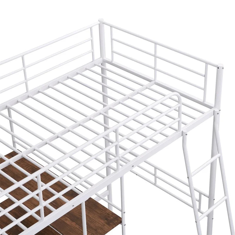 Merax Twin Size Metal Loft Bed with Built-in Desk and Shelves