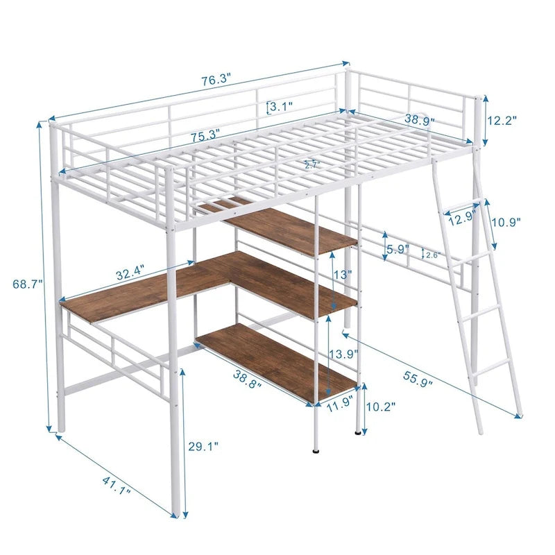 Merax Twin Size Metal Loft Bed with Built-in Desk and Shelves