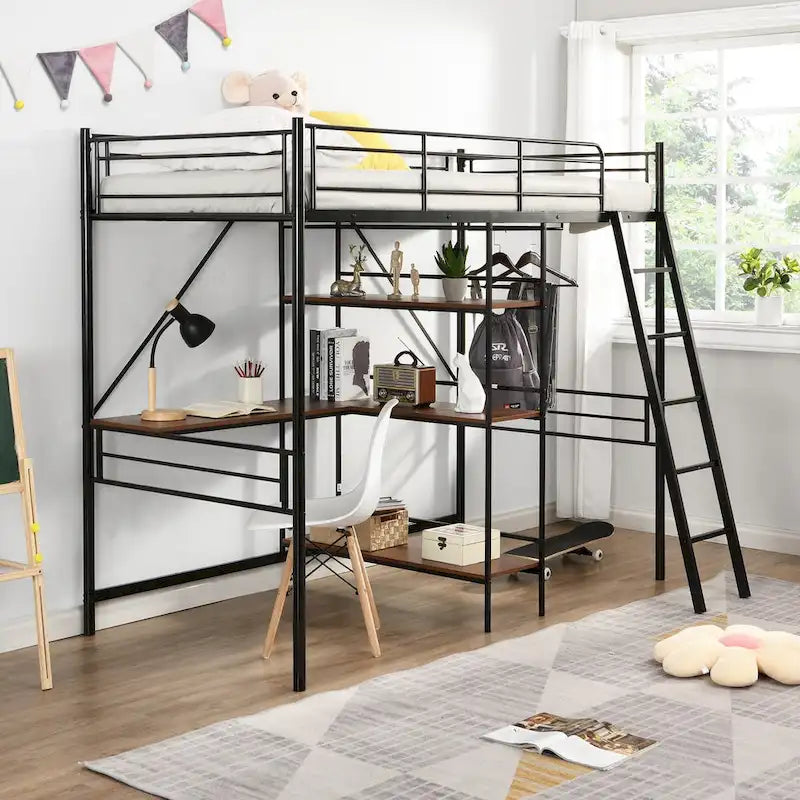 Merax Twin Size Metal Loft Bed with Built-in Desk and Shelves