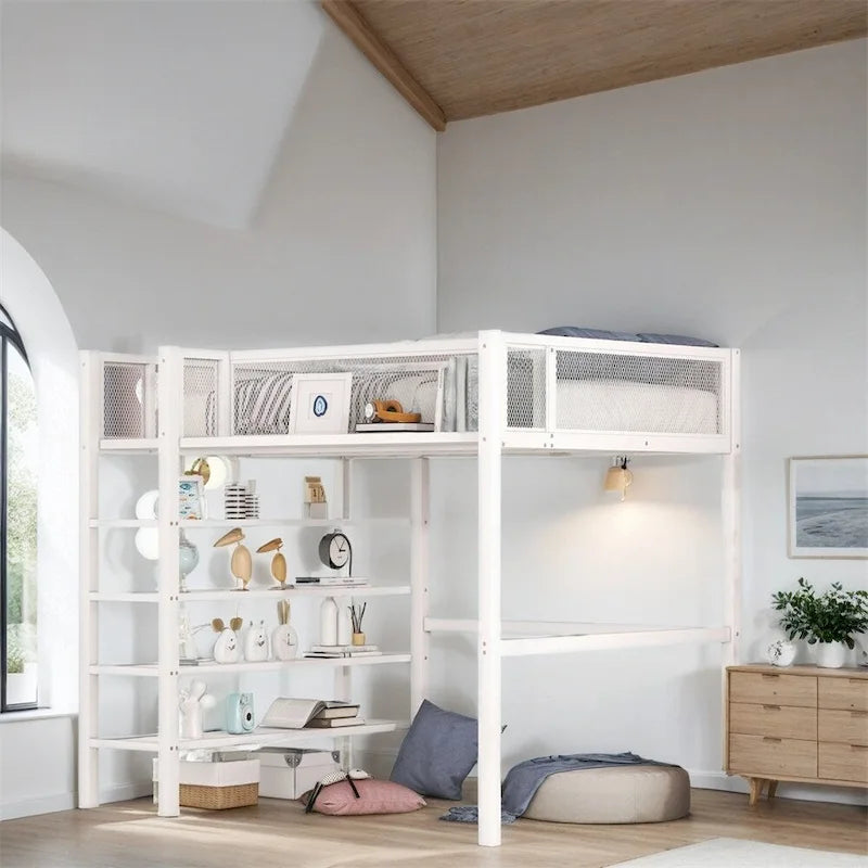Twin Size Modern Metal Loft Bed with 4-Tier Shelves and Storage