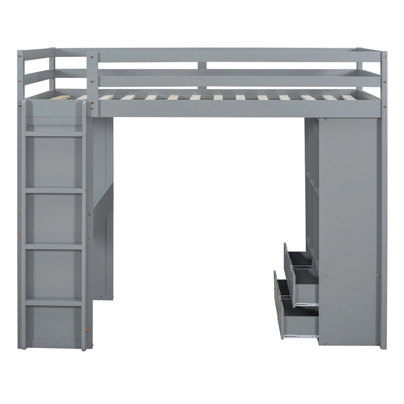 Full Size Loft Bed with Large Shelves,Writing Desk and LED Light