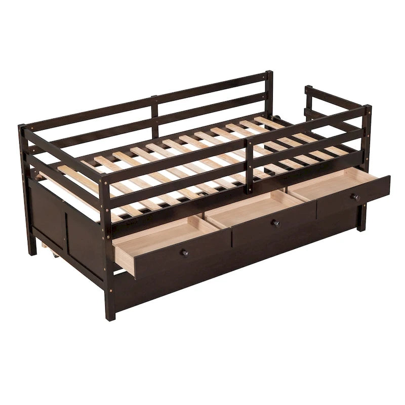 Low Loft Bed Twin Size with Full Safety Fence, Climbing ladder, Storage Drawers and Trundle Solid Wood Bed