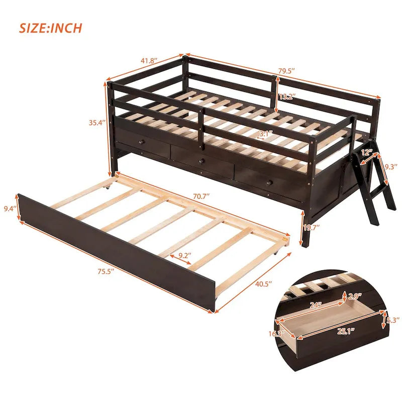 Low Loft Bed Twin Size with Full Safety Fence, Climbing ladder, Storage Drawers and Trundle Solid Wood Bed