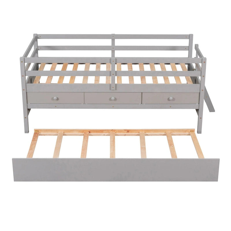 Low Loft Bed Twin Size with Full Safety Fence, Climbing ladder, Storage Drawers and Trundle Solid Wood Bed