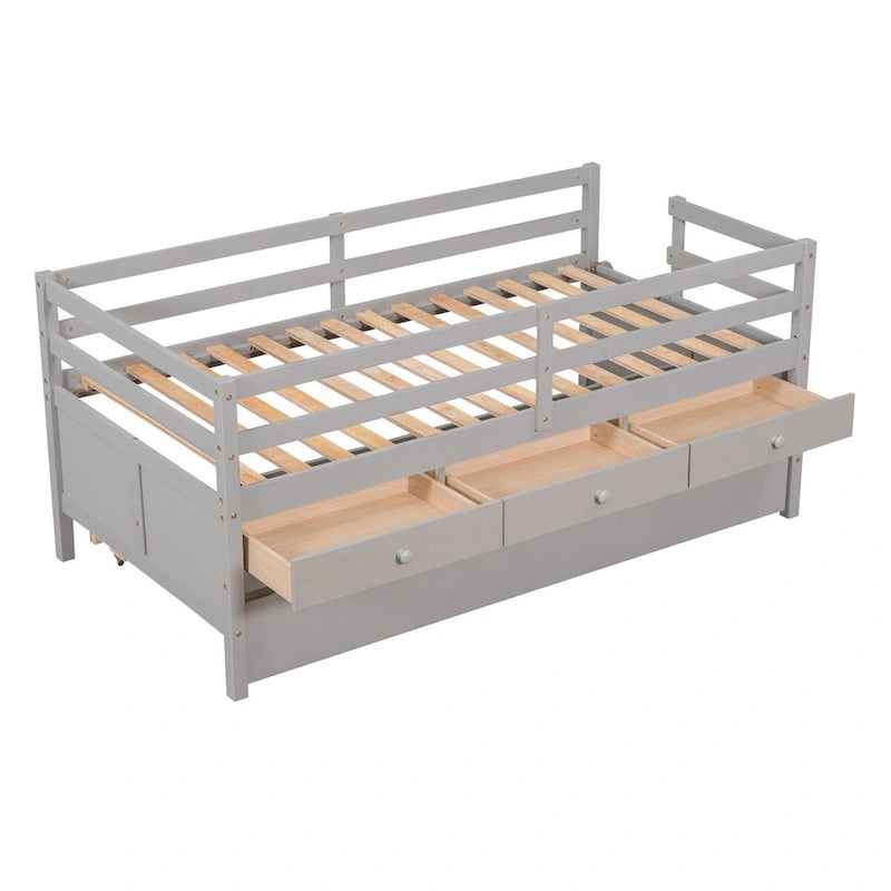 Low Loft Bed Twin Size with Full Safety Fence, Climbing ladder, Storage Drawers and Trundle Solid Wood Bed