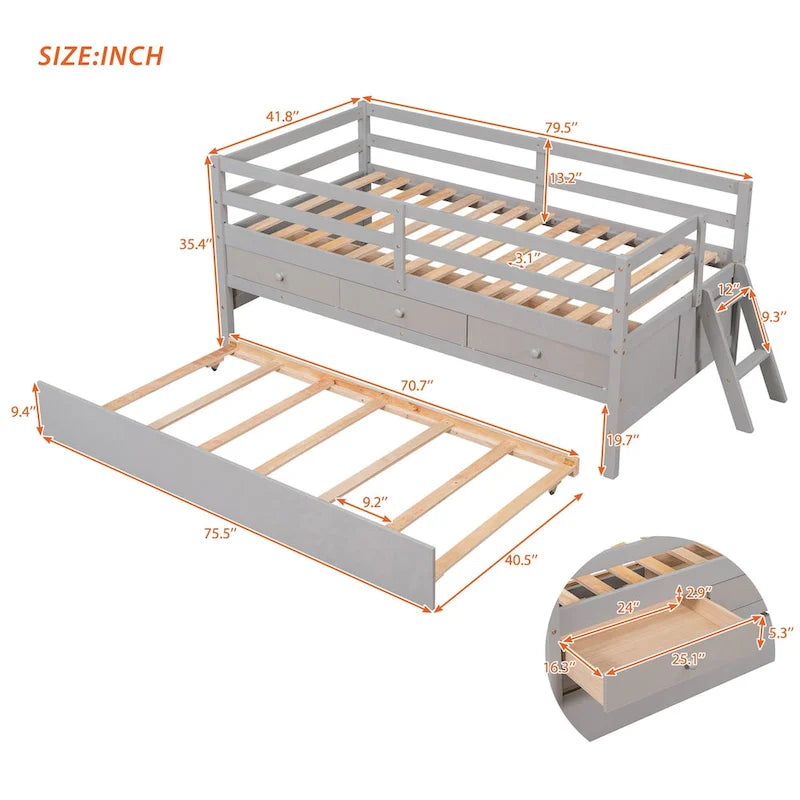 Low Loft Bed Twin Size with Full Safety Fence, Climbing ladder, Storage Drawers and Trundle Solid Wood Bed