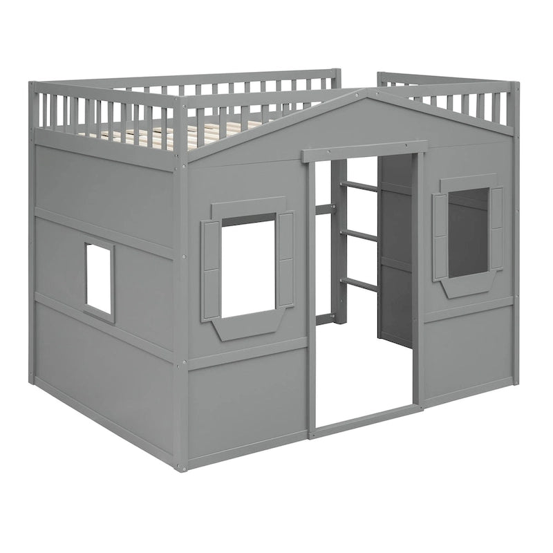 Solid Wood Full Size House Loft Bed with Ladder and Underbed Gaming Space