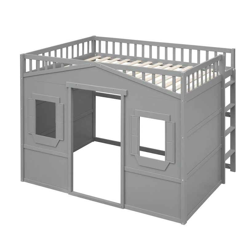 Solid Wood Full Size House Loft Bed with Ladder and Underbed Gaming Space